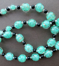 Load image into Gallery viewer, Vintage Pale Aqua Green Swirls and Gold Aventurine Murano Glass Bead Neckla
