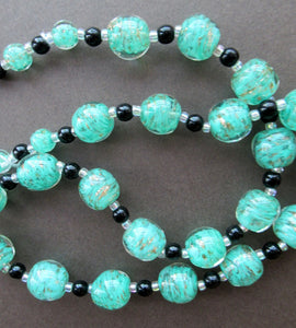 Vintage Pale Aqua Green Swirls and Gold Aventurine Murano Glass Bead Neckla
