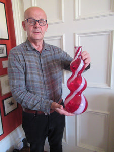 Fabulous Space Age Alrose / Empoli Italian Glass Genie Bottle Vase. Red and White Candy Stripes