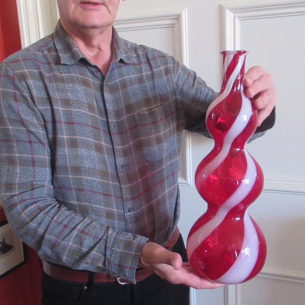 Fabulous Space Age Alrose / Empoli Italian Glass Genie Bottle Vase. Red and White Candy Stripes