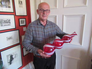 Fabulous Space Age Alrose / Empoli Italian Glass Genie Bottle Vase. Red and White Candy Stripes