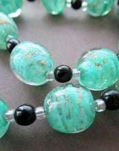 Load image into Gallery viewer, Vintage Pale Aqua Green Swirls and Gold Aventurine Murano Glass Bead Neckla
