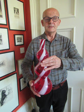 Load image into Gallery viewer, Fabulous Space Age Alrose / Empoli Italian Glass Genie Bottle Vase. Red and White Candy Stripes
