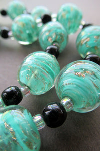 Vintage Pale Aqua Green Swirls and Gold Aventurine Murano Glass Bead Neckla