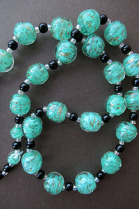 Vintage Pale Aqua Green Swirls and Gold Aventurine Murano Glass Bead Neckla