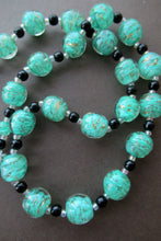 Load image into Gallery viewer, Vintage Pale Aqua Green Swirls and Gold Aventurine Murano Glass Bead Neckla

