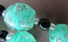 Load image into Gallery viewer, Vintage Pale Aqua Green Swirls and Gold Aventurine Murano Glass Bead Neckla
