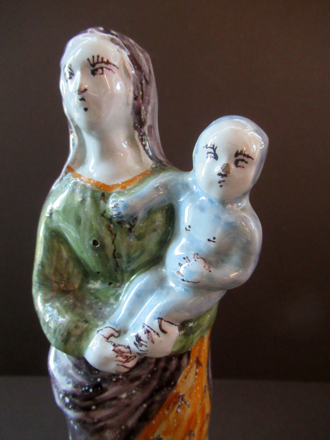 Antique French Quimper Faience Figurine. The Madonna and Child