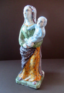 Antique French Quimper Faience Figurine. The Madonna and Child