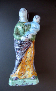 Antique French Quimper Faience Figurine. The Madonna and Child