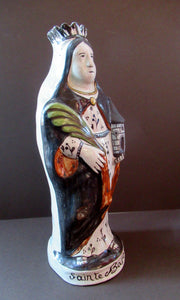 Large Antique French Quimper Faience Sculpture of Saint Barbe (Barbara)
