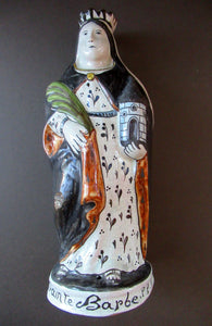 Large Antique French Quimper Faience Sculpture of Saint Barbe (Barbara)