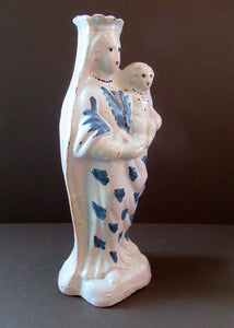 Antique French Faience Quimper Blue and White Figurine. Madonna and Child