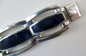 1970s 950 Mexican Taxco Silver Link Bracelet with Onyx Panels 