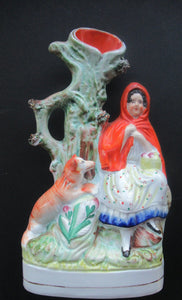 STAFFORDSHIRE Flatback Figurine / SPILL VASE. Victorian Depiction of Red Riding Hood and the Wolf