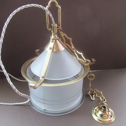 Original 1930s Art Deco White Satin Glass and Brass Pendant Shade