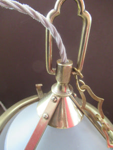 Original 1930s Art Deco White Satin Glass and Brass Pendant Shade