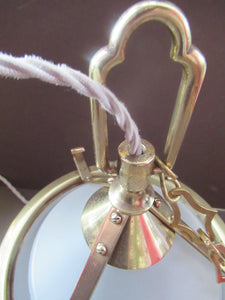 Original 1930s Art Deco White Satin Glass and Brass Pendant Shade