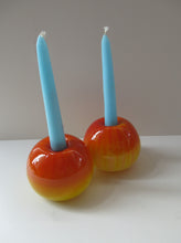 Load image into Gallery viewer, 1950s Glass Ball Candlesticks, probably Swedish. Retailed by Wuidart Glass
