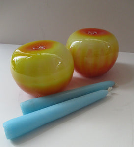 1950s Glass Ball Candlesticks, probably Swedish. Retailed by Wuidart Glass