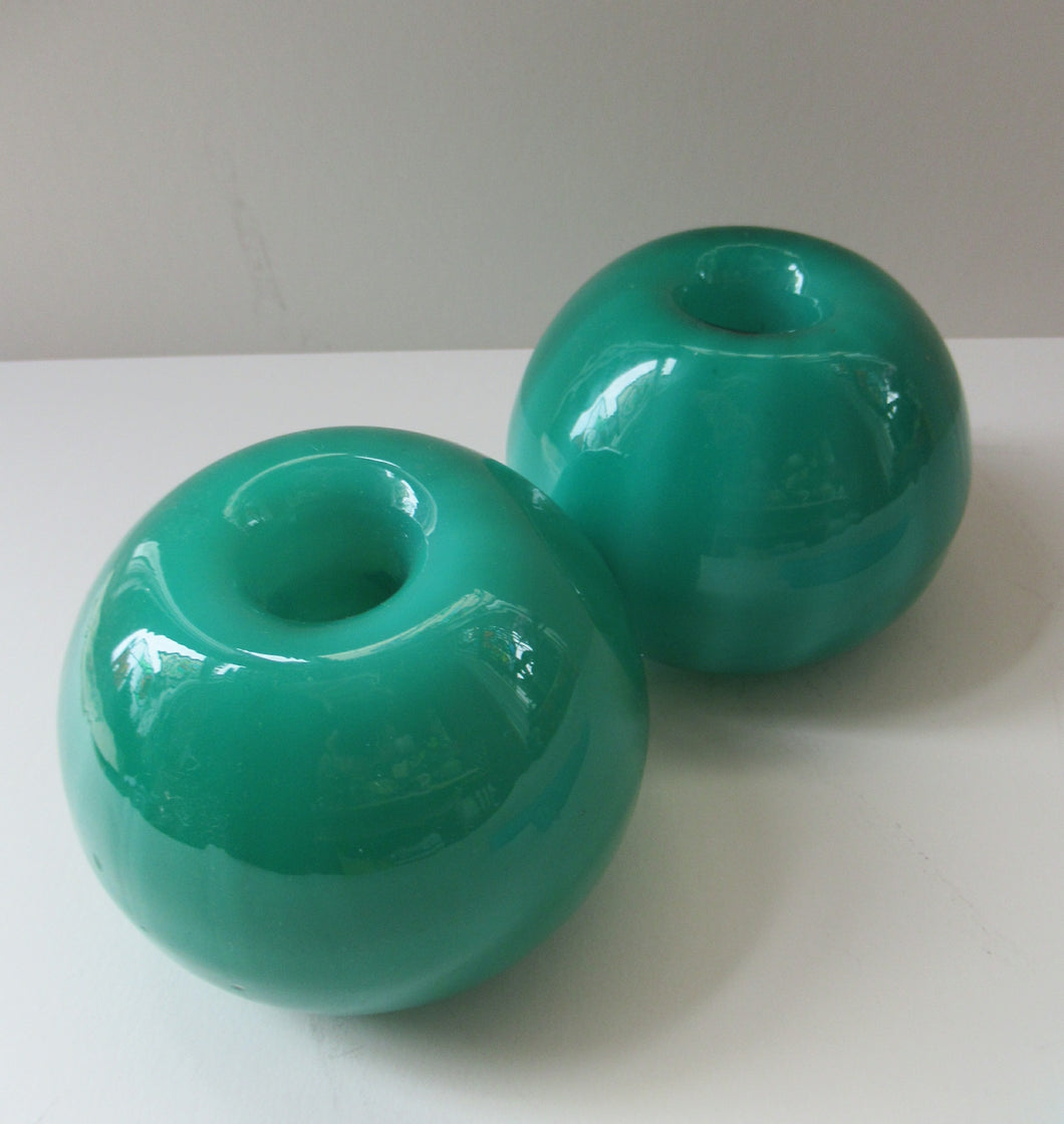 1950s Glass Ball Candlesticks, probably Swedish. Retailed by Wuidart Glass