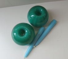 Load image into Gallery viewer, 1950s Glass Ball Candlesticks, probably Swedish. Retailed by Wuidart Glass
