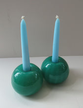 Load image into Gallery viewer, 1950s Glass Ball Candlesticks, probably Swedish. Retailed by Wuidart Glass
