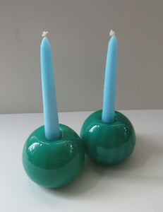 1950s Glass Ball Candlesticks, probably Swedish. Retailed by Wuidart Glass