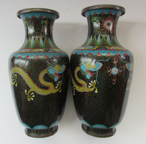 Vintage Cloisonne Dragon and Flaming Pearl Matched Pair of Vases