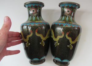 Vintage Cloisonne Dragon and Flaming Pearl Matched Pair of Vases