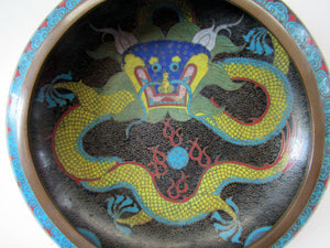 Antique Chinese  Cloisonne Bowl Five-toed Dragon Flaming Pearl  Tonghze Mark