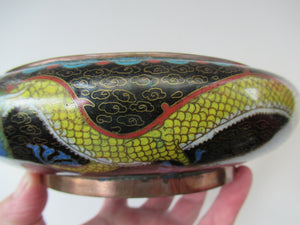 Antique Chinese  Cloisonne Bowl Five-toed Dragon Flaming Pearl  Tonghze Mark