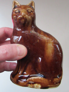 Antique Pottery Money Bank Box in the Shape of a Cat. Treacle Glaze