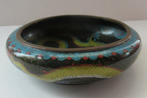 Antique Chinese  Cloisonne Bowl Five-toed Dragon Flaming Pearl  Tonghze Mark