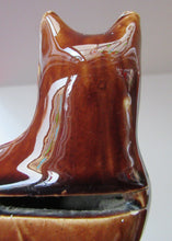 Load image into Gallery viewer, Antique Pottery Money Bank Box in the Shape of a Cat. Treacle Glaze
