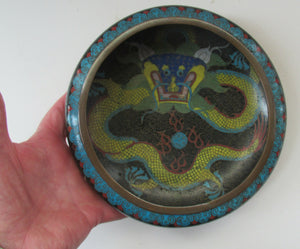 Antique Chinese  Cloisonne Bowl Five-toed Dragon Flaming Pearl  Tonghze Mark