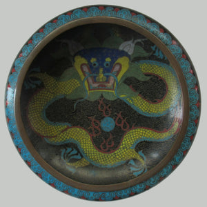 Antique Chinese  Cloisonne Bowl Five-toed Dragon Flaming Pearl  Tonghze Mark