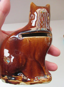 Antique Pottery Money Bank Box in the Shape of a Cat. Treacle Glaze