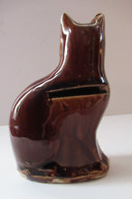 Load image into Gallery viewer, Antique Pottery Money Bank Box in the Shape of a Cat. Treacle Glaze

