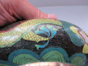 Antique 1900s Chinese Cloisonne Bowl with Yellow Dragon and Flaming Pearl