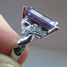 Load image into Gallery viewer, Pretty 9 CT White Gold Ring Set with an Emerald Cut Amethyst &amp; flanked with decorative diamond chips. Size N 1/2
