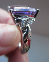 Load image into Gallery viewer, Pretty 9 CT White Gold Ring Set with an Emerald Cut Amethyst &amp; flanked with decorative diamond chips. Size N 1/2
