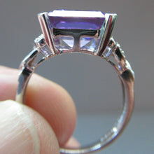 Load image into Gallery viewer, Pretty 9 CT White Gold Ring Set with an Emerald Cut Amethyst &amp; flanked with decorative diamond chips. Size N 1/2
