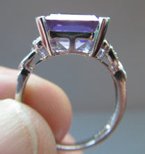 Load image into Gallery viewer, Pretty 9 CT White Gold Ring Set with an Emerald Cut Amethyst &amp; flanked with decorative diamond chips. Size N 1/2
