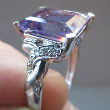 Load image into Gallery viewer, Pretty 9 CT White Gold Ring Set with an Emerald Cut Amethyst &amp; flanked with decorative diamond chips. Size N 1/2
