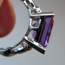 Load image into Gallery viewer, Pretty 9 CT White Gold Ring Set with an Emerald Cut Amethyst &amp; flanked with decorative diamond chips. Size N 1/2
