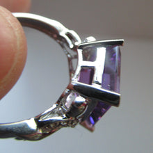Load image into Gallery viewer, Pretty 9 CT White Gold Ring Set with an Emerald Cut Amethyst &amp; flanked with decorative diamond chips. Size N 1/2
