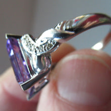Load image into Gallery viewer, Pretty 9 CT White Gold Ring Set with an Emerald Cut Amethyst &amp; flanked with decorative diamond chips. Size N 1/2
