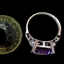Load image into Gallery viewer, Pretty 9 CT White Gold Ring Set with an Emerald Cut Amethyst &amp; flanked with decorative diamond chips. Size N 1/2
