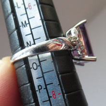 Load image into Gallery viewer, Pretty 9 CT White Gold Ring Set with an Emerald Cut Amethyst &amp; flanked with decorative diamond chips. Size N 1/2
